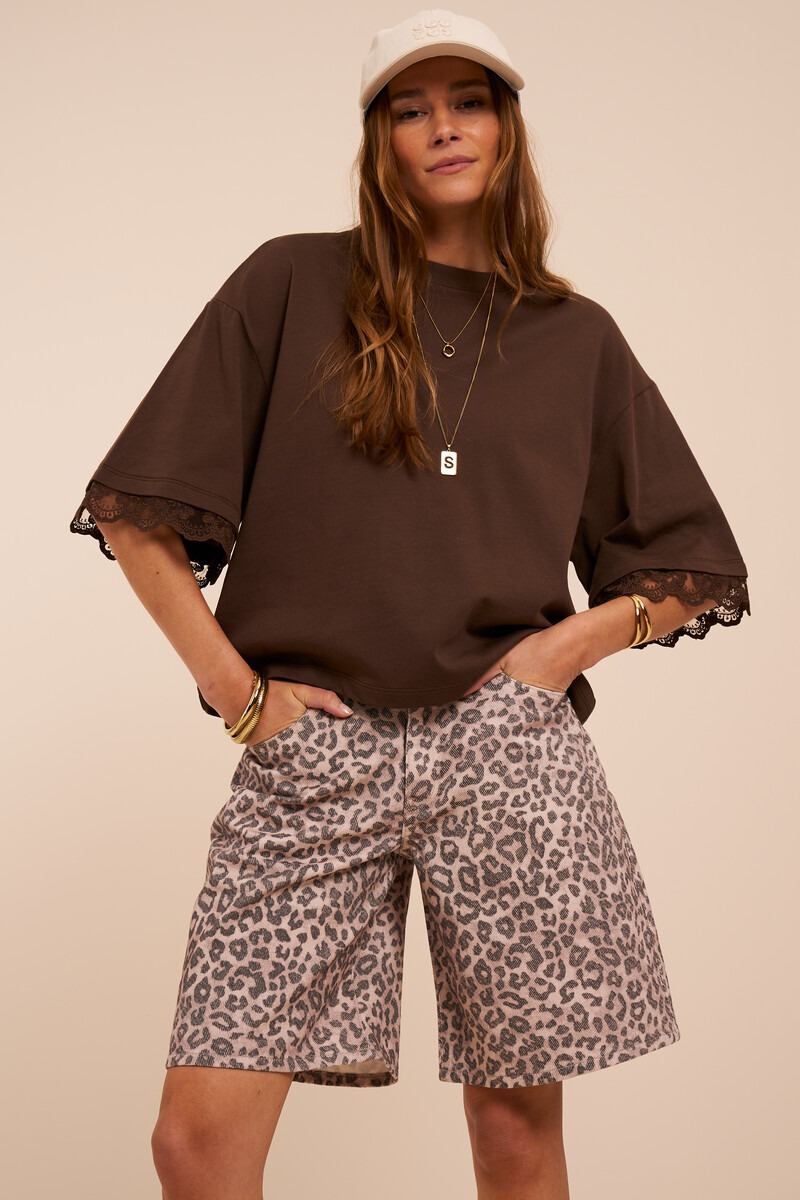 Brown denim jorts with leopard print | My Jewellery