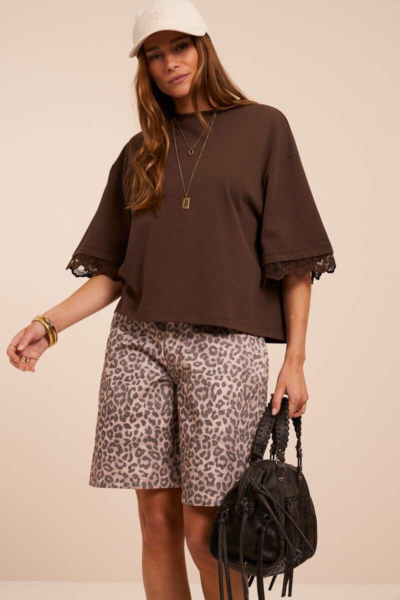 Brown denim jorts with leopard print | My Jewellery