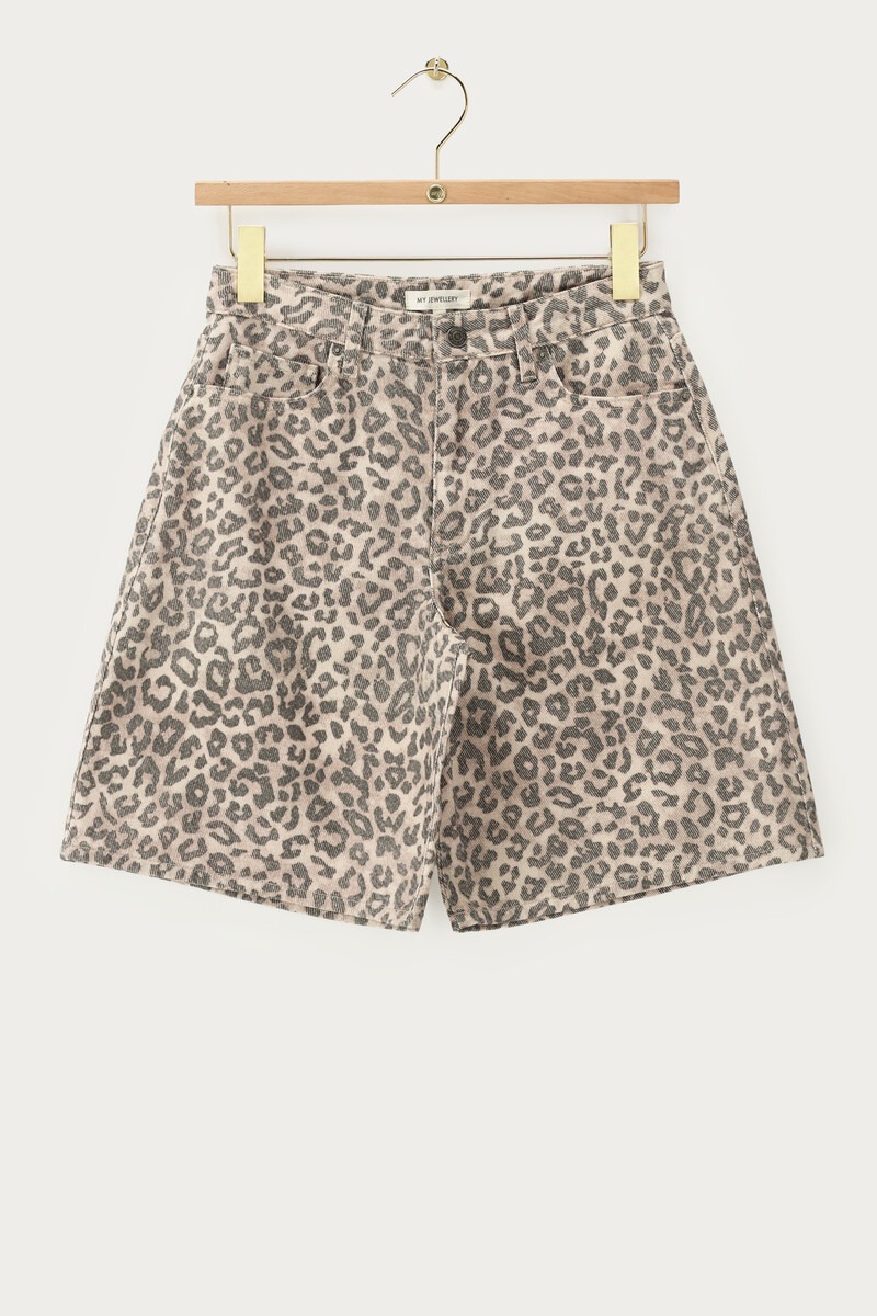 Brown denim jorts with leopard print | My Jewellery