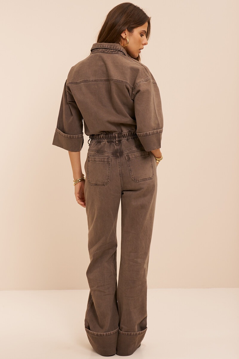 Brown denim jumpsuit with rolled-up sleeves | My Jewellery