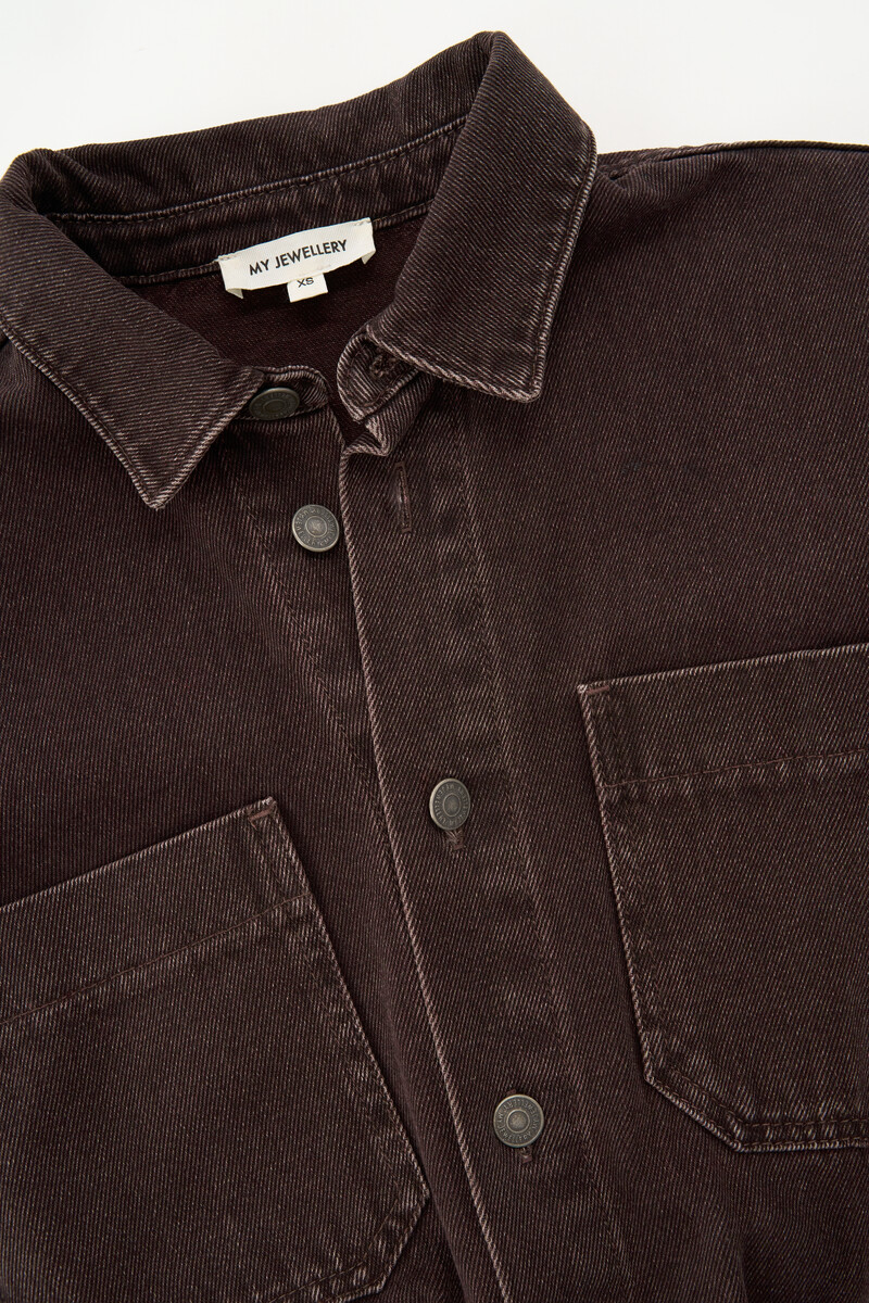 Brown denim jumpsuit with short sleeves | My Jewellery
