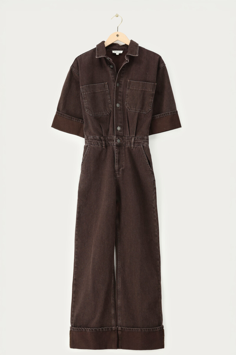 Brown denim jumpsuit with short sleeves | My Jewellery