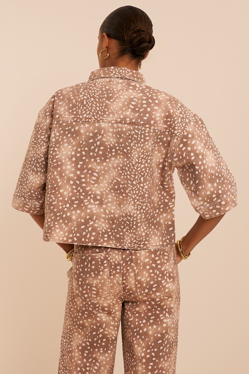 Brown denim top with short sleeves and animal print | My Jewellery