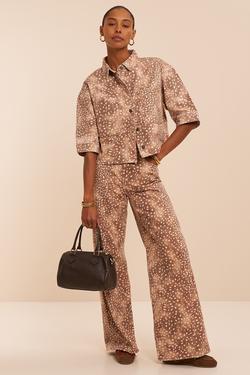 Brown denim top with short sleeves and animal print | My Jewellery