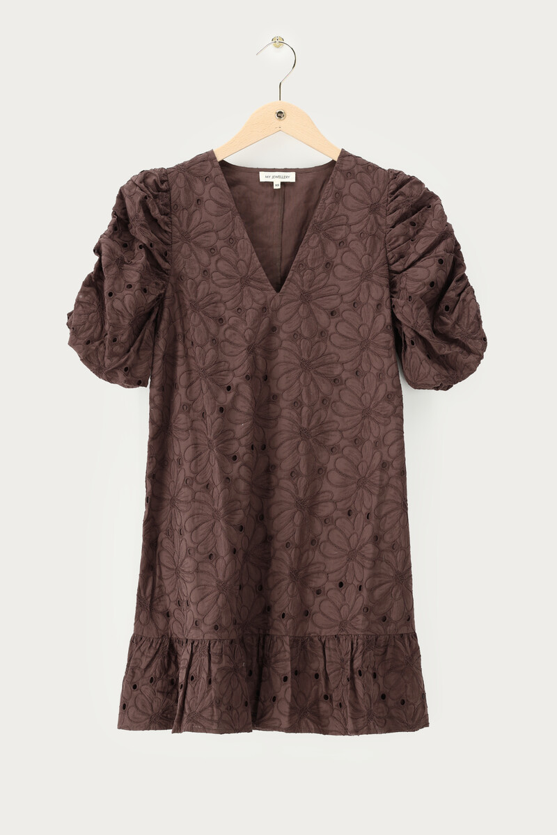 Brown dress with short puff sleeves and embroidery | My Jewellery