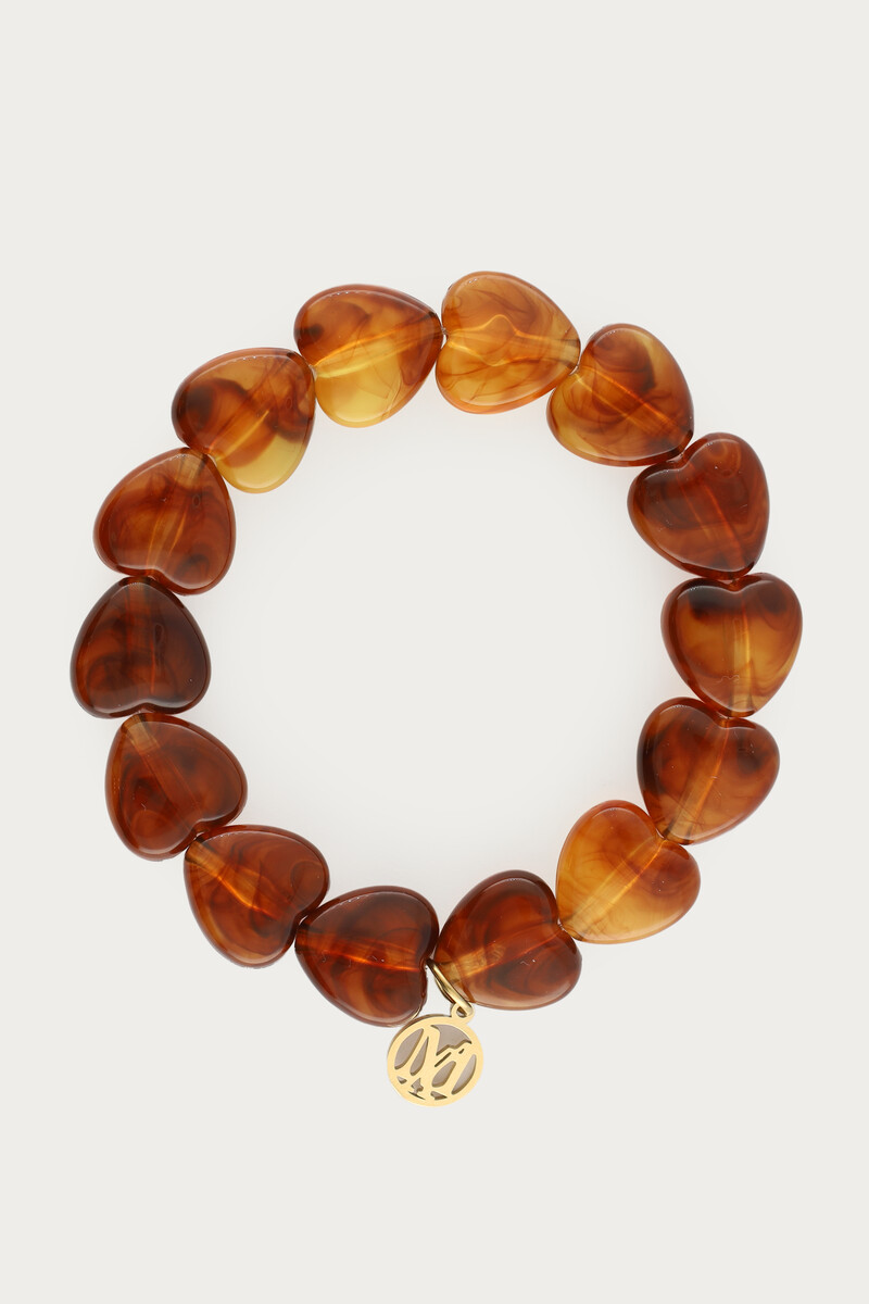 Brown elastic heart beaded bracelet