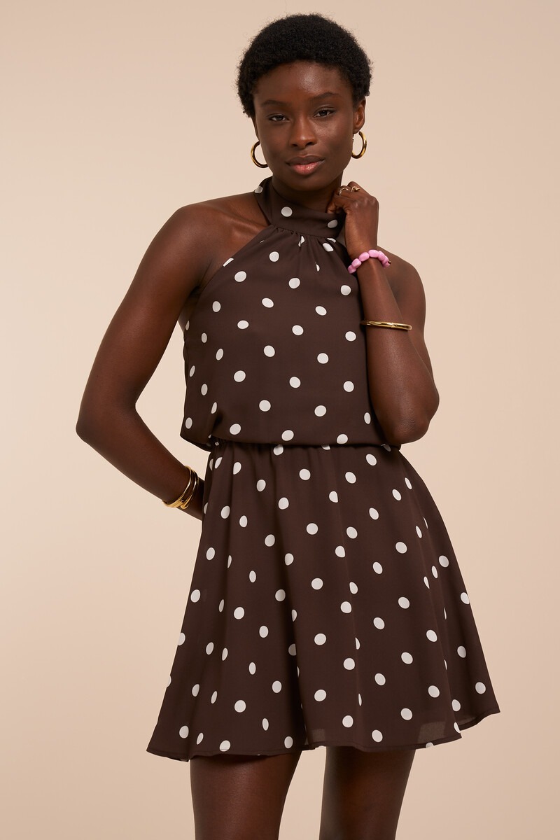 Bruine halter jurk met polkadot