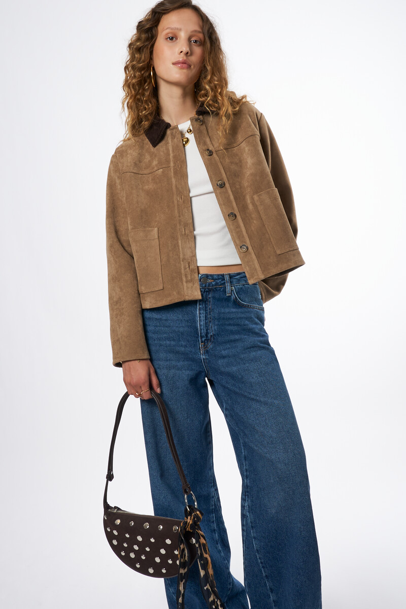 Brown jacket in suede look with corduroy collar | My Jewellery