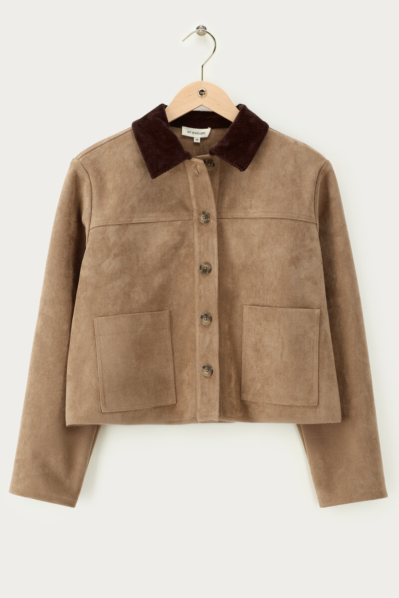 Brown jacket in suede look with corduroy collar | My Jewellery