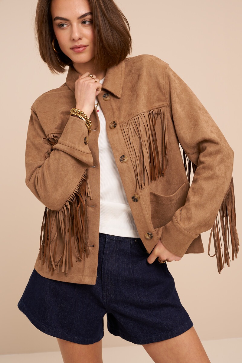 Brown jacket with fringes in suede look | My Jewellery