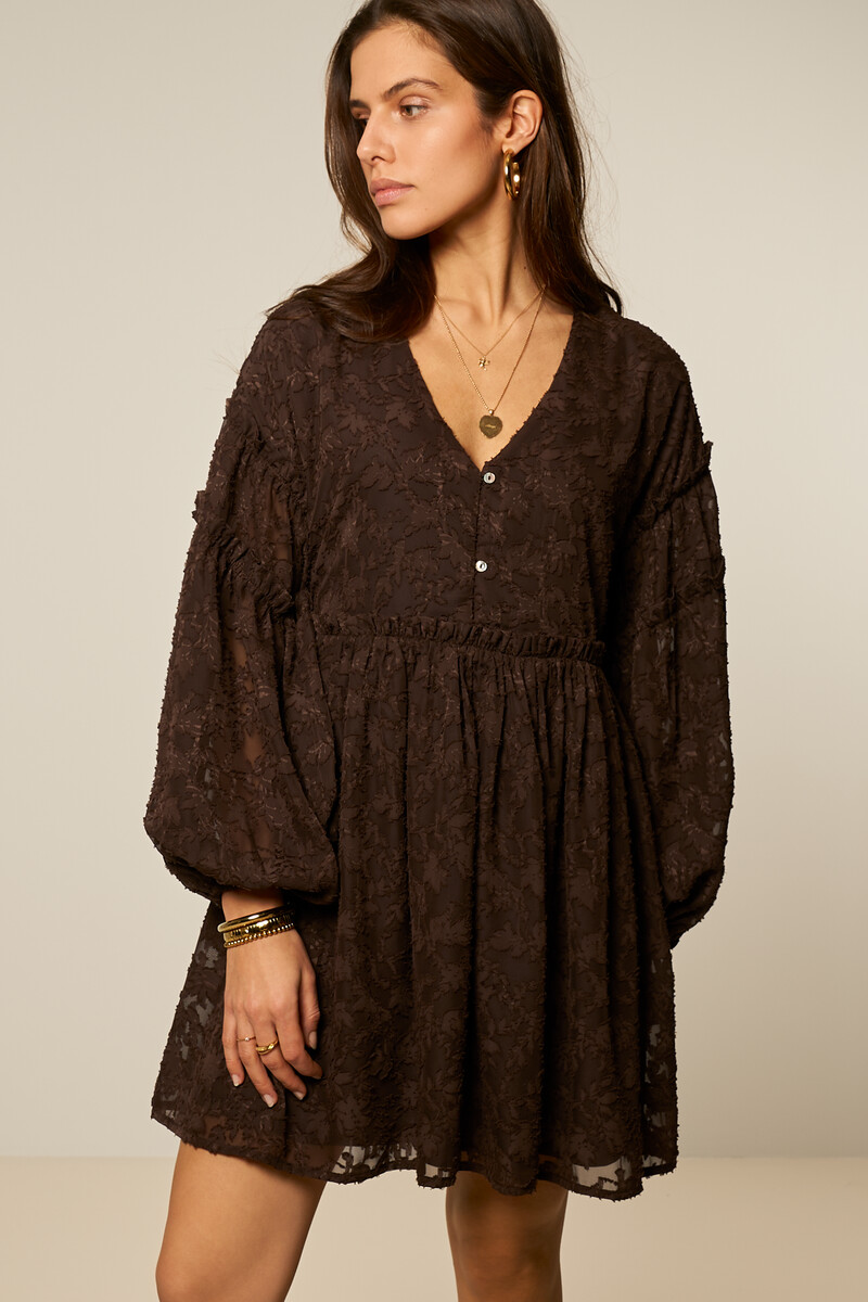 Brown jacquard dress with ruffles | My Jewellery