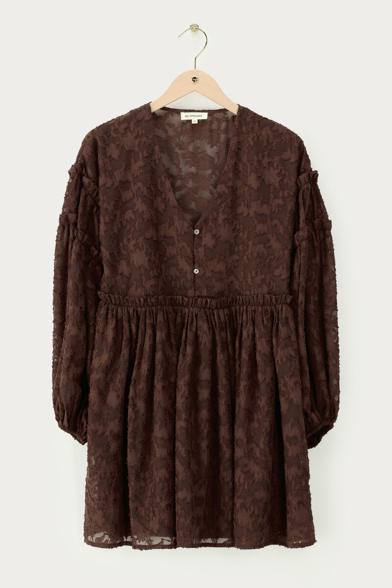 My jewellery Bruine Jacquard Jurk Met Ruffles