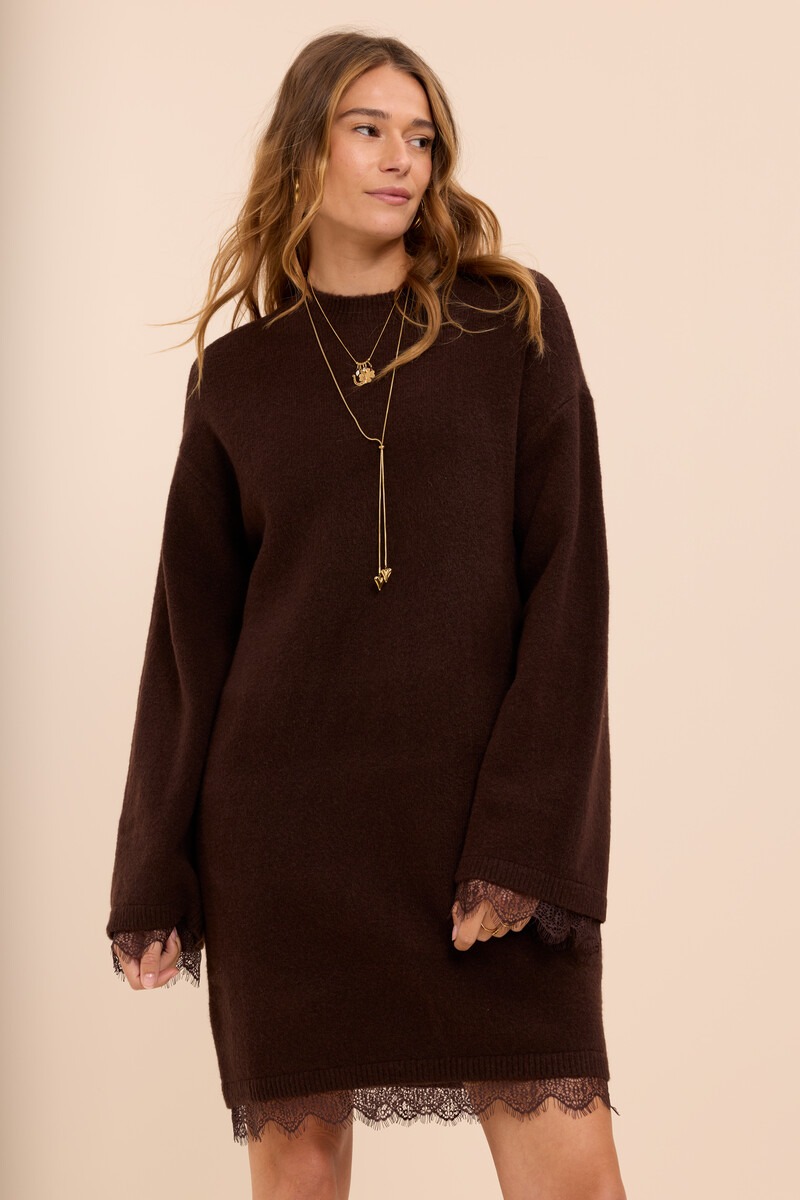 Brown knitted dress with lace details | My Jewellery