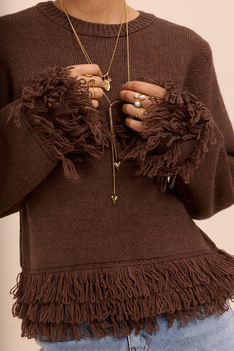 Brown knitted sweater with fringes | My Jewellery