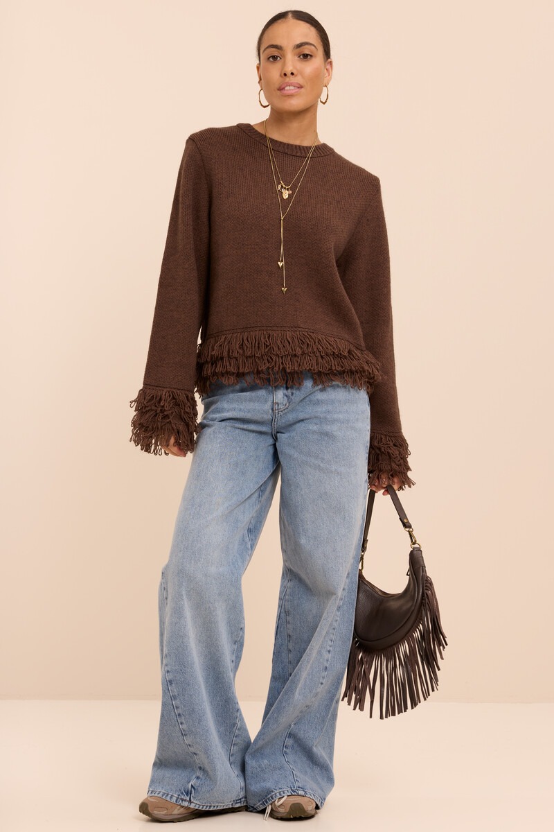 Brown knitted sweater with fringes | My Jewellery
