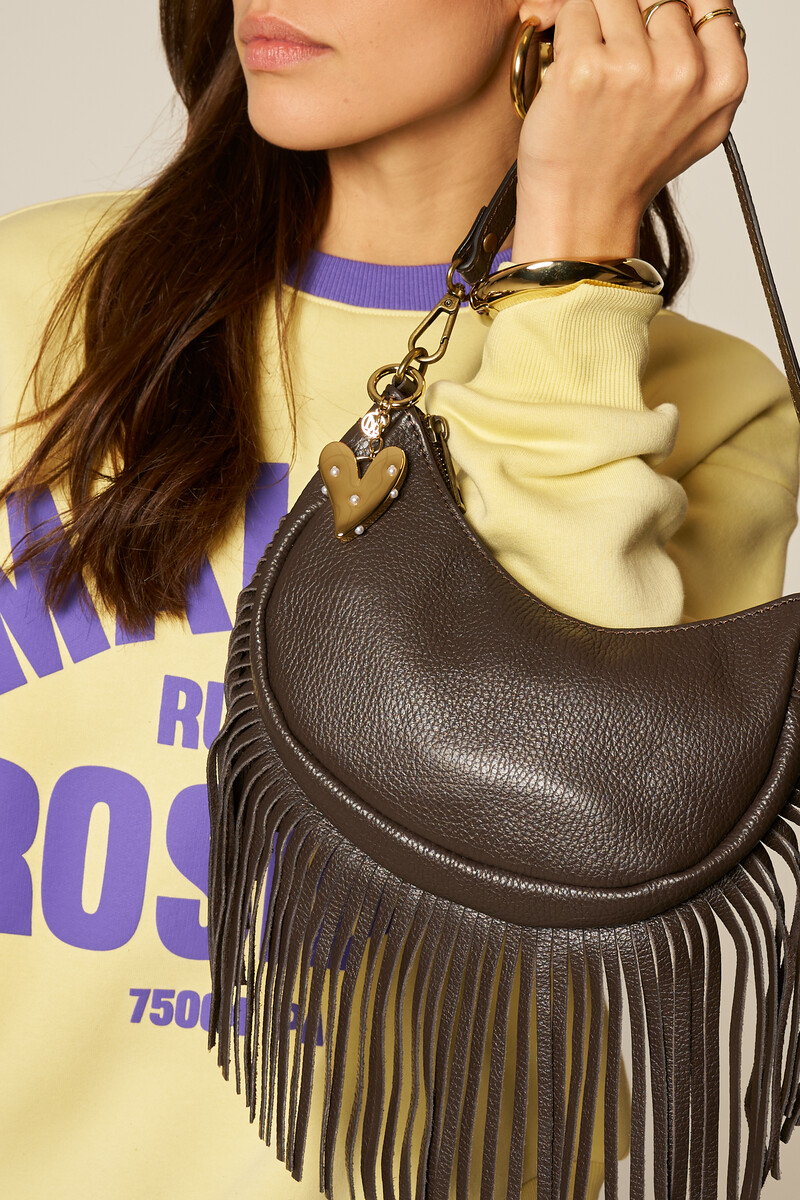 Brown leather shoulder bag with fringes | My Jewellery