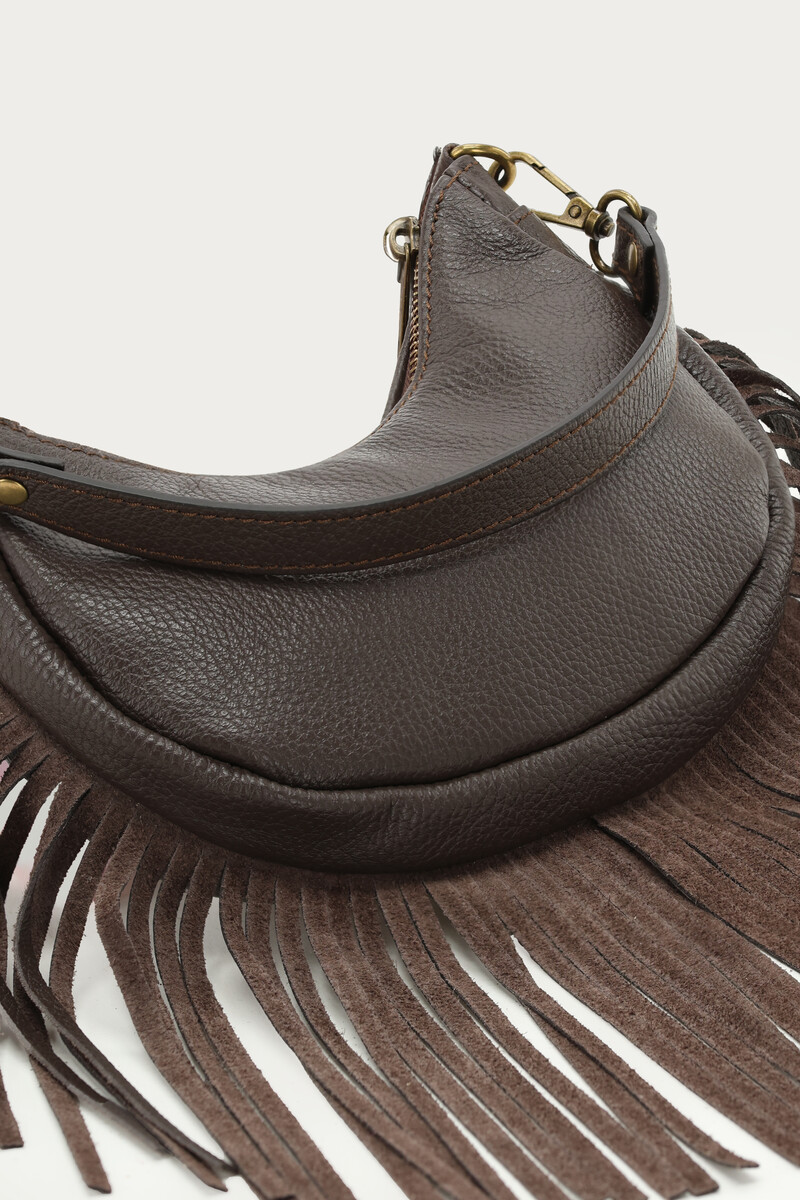 Brown leather shoulder bag with fringes | My Jewellery