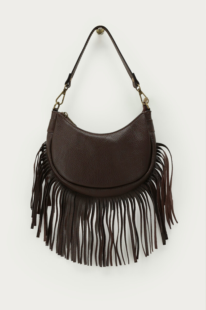 Brown leather shoulder bag with fringes | My Jewellery