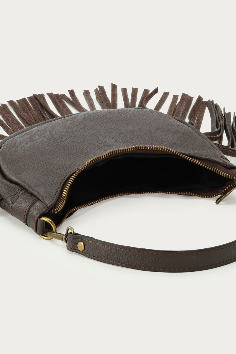 Brown leather shoulder bag with fringes | My Jewellery