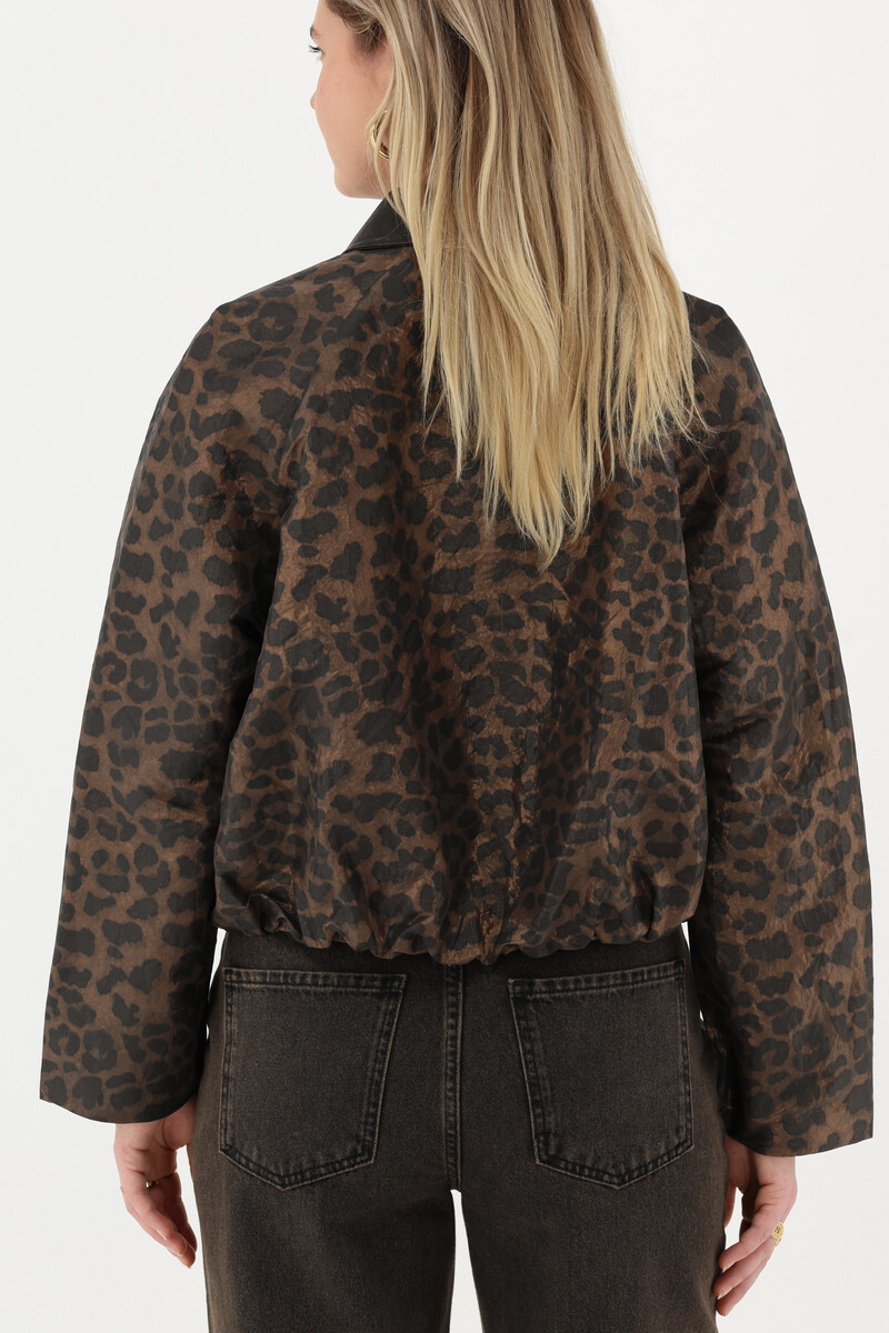 Brown leopard print bomber with PU collar | My Jewellery