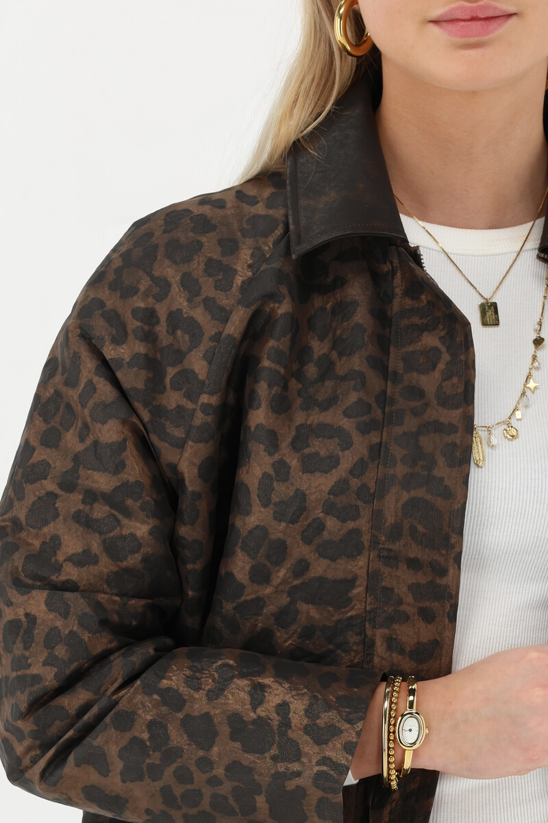 Brown leopard print bomber with PU collar | My Jewellery