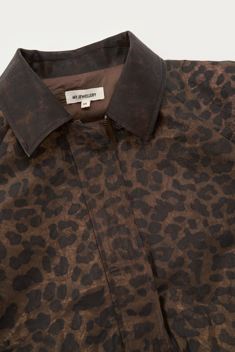 Brown leopard print bomber with PU collar | My Jewellery