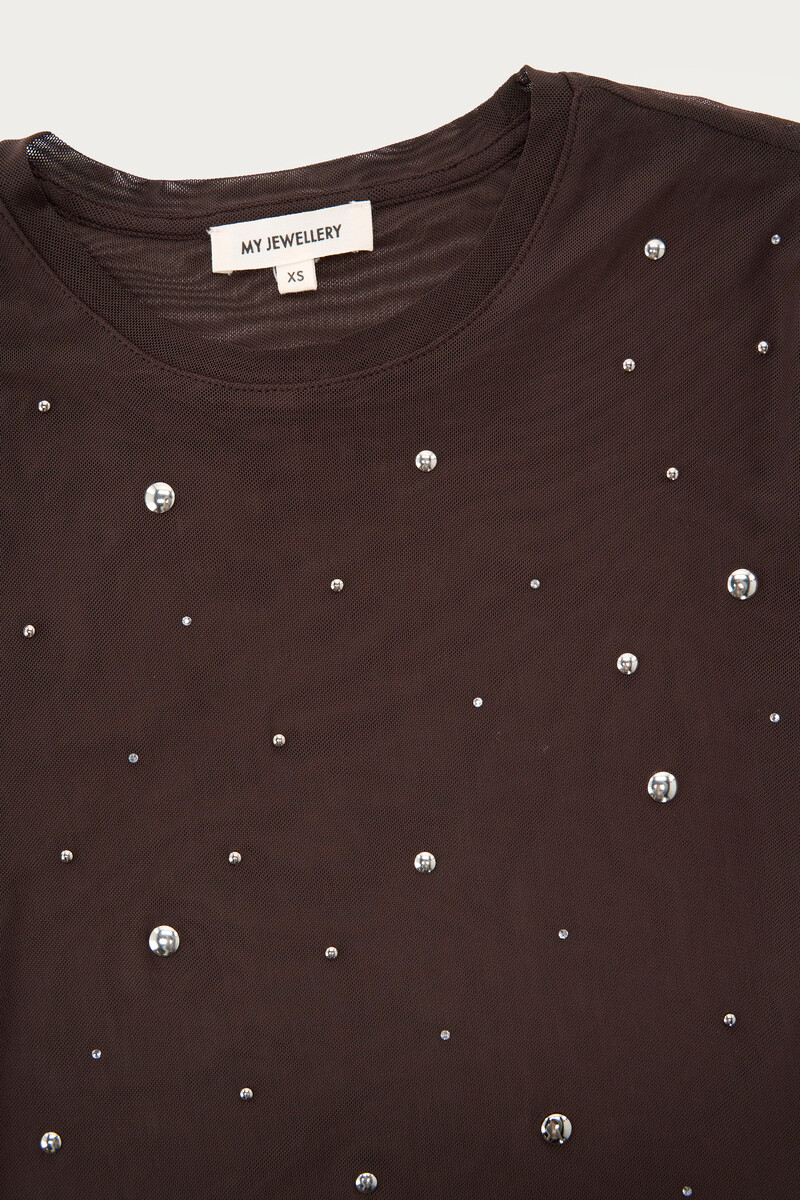 Brown mesh top with silver-coloured studs | My Jewellery