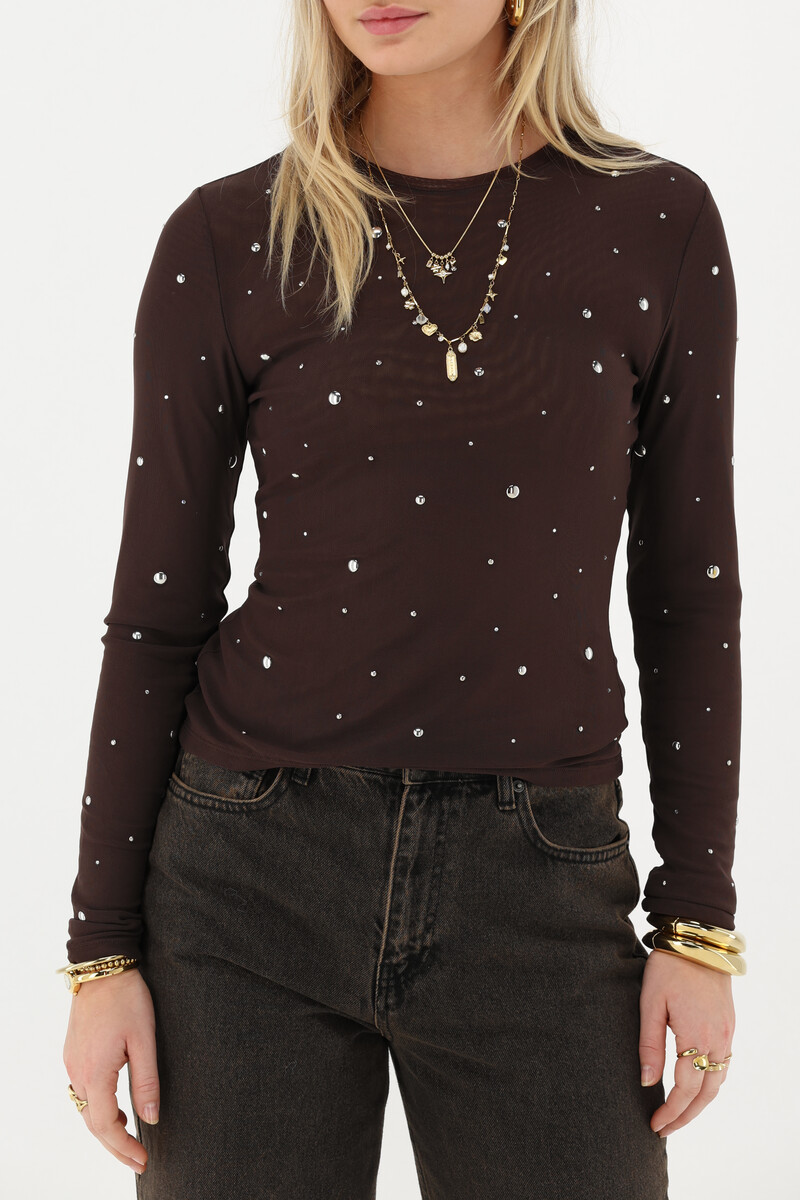 Bruine mesh top met zilverkleurige studs | My Jewellery