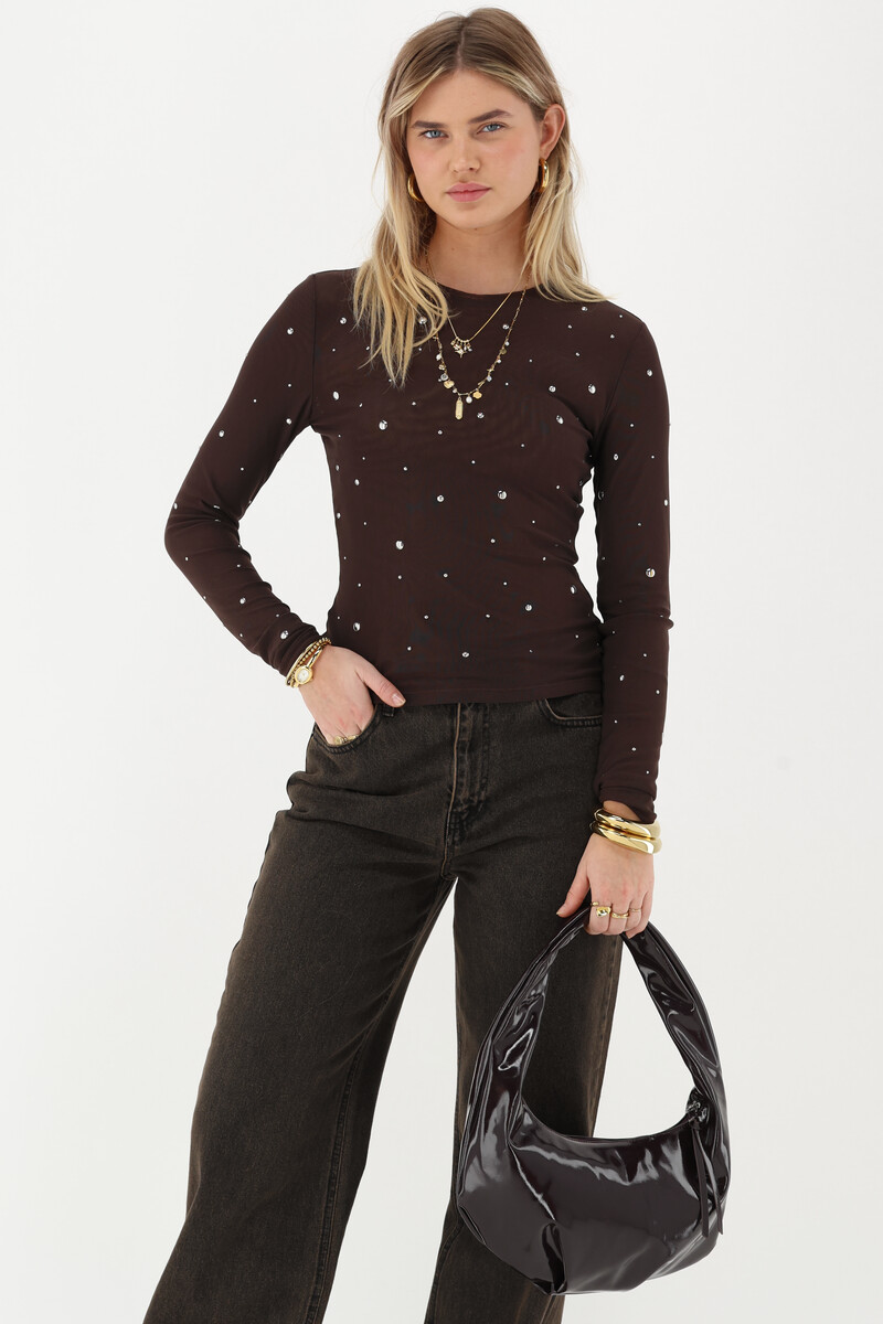 Brown mesh top with silver-coloured studs | My Jewellery