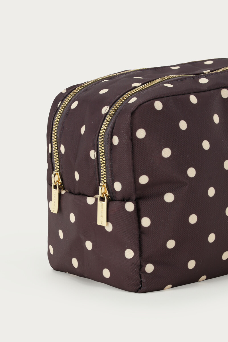 Trousse de toilette à double fermeture éclair à pois marron