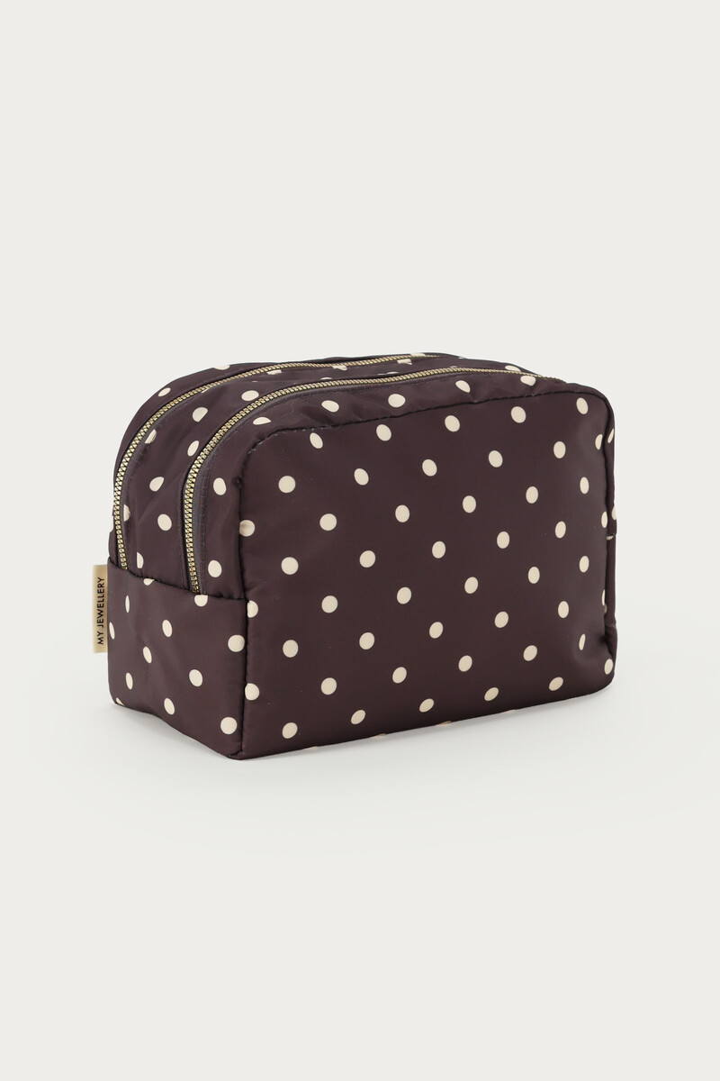 Brown polka dot toiletry bag with double zip | My Jewellery