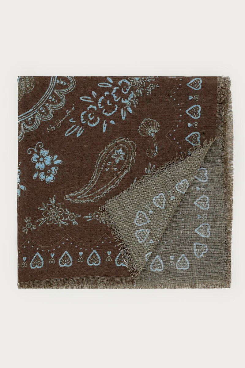 Brown scarf with blue paisley print | My Jewellery