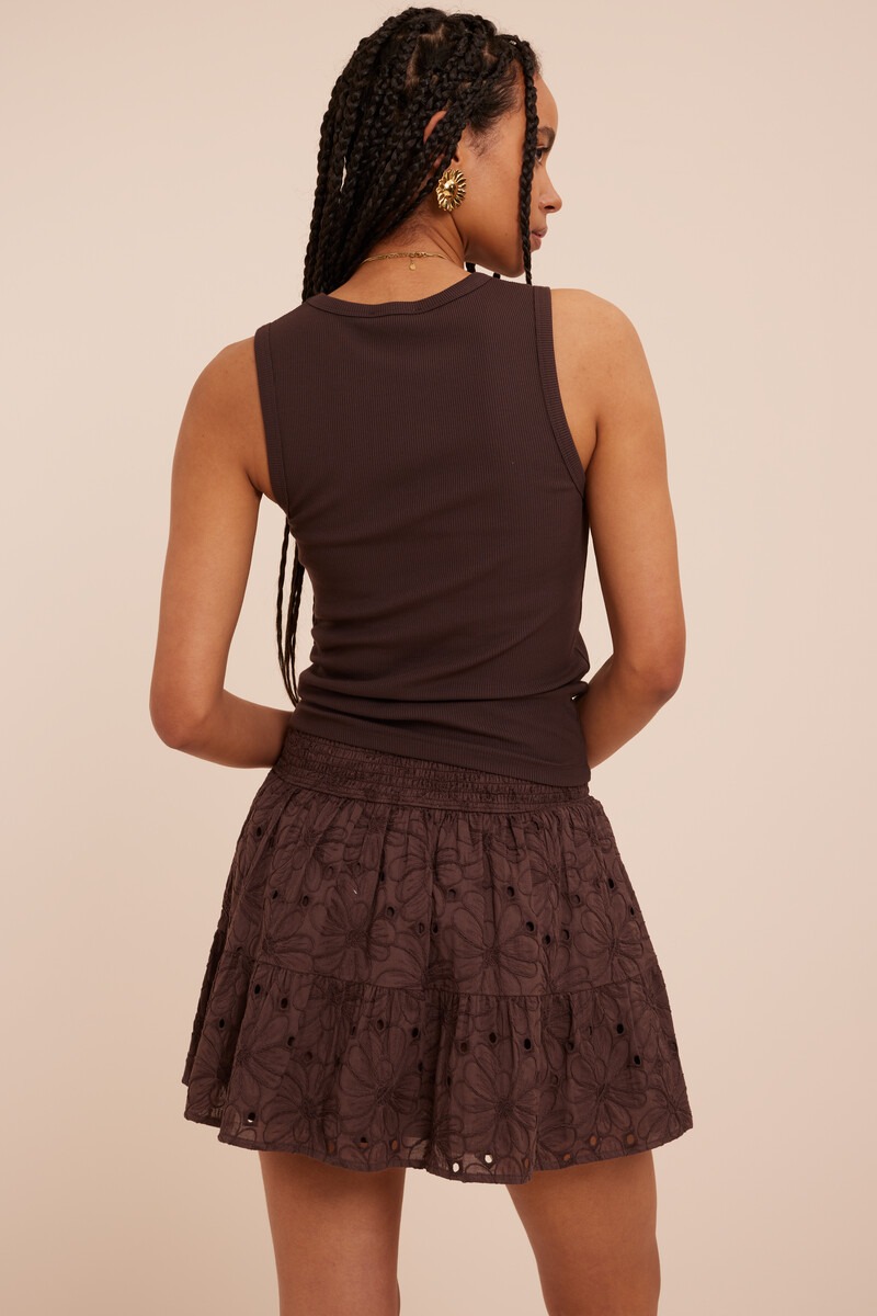 Brown short skirt with embroidery and elasticated waistband | My Jewellery