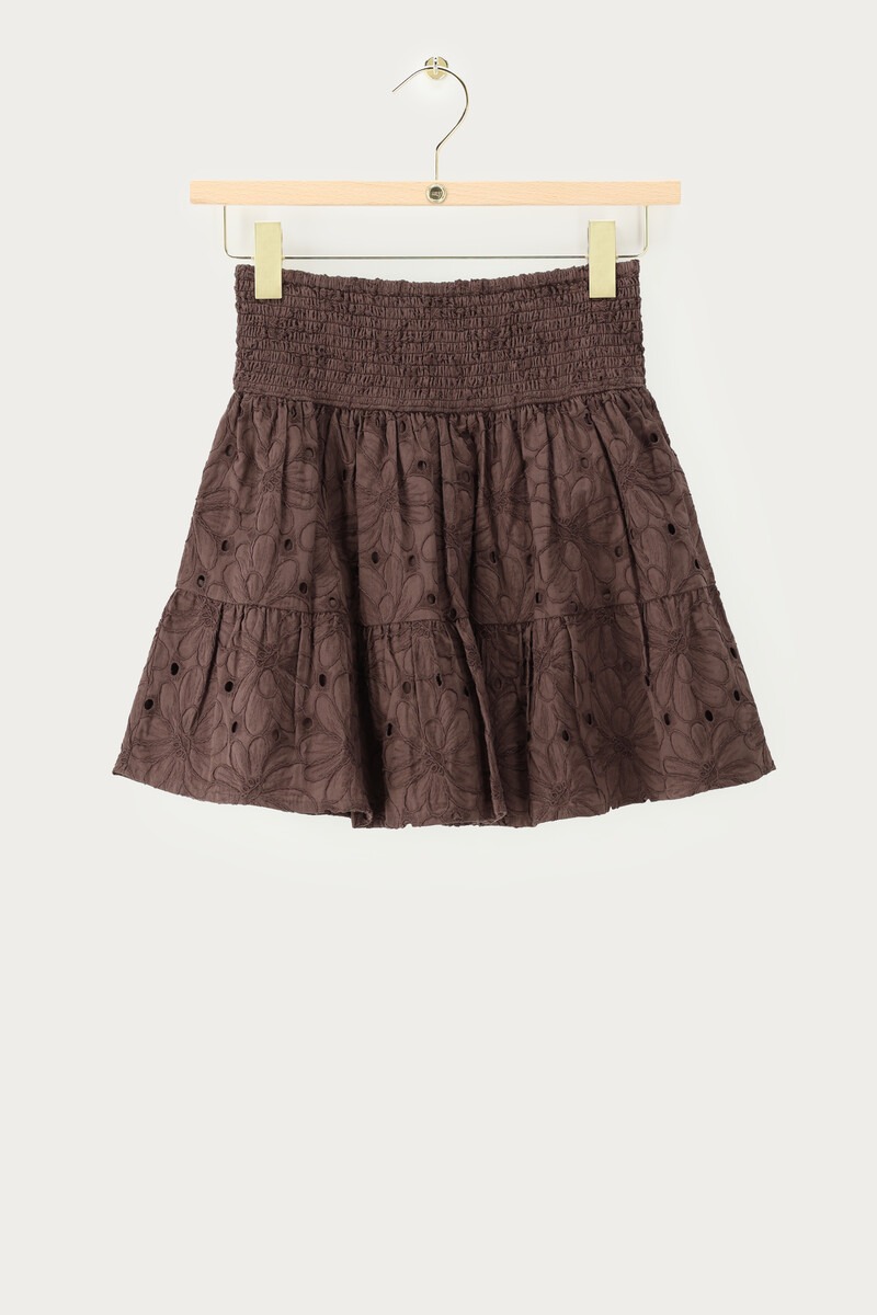 Brown short skirt with embroidery and elasticated waistband | My Jewellery