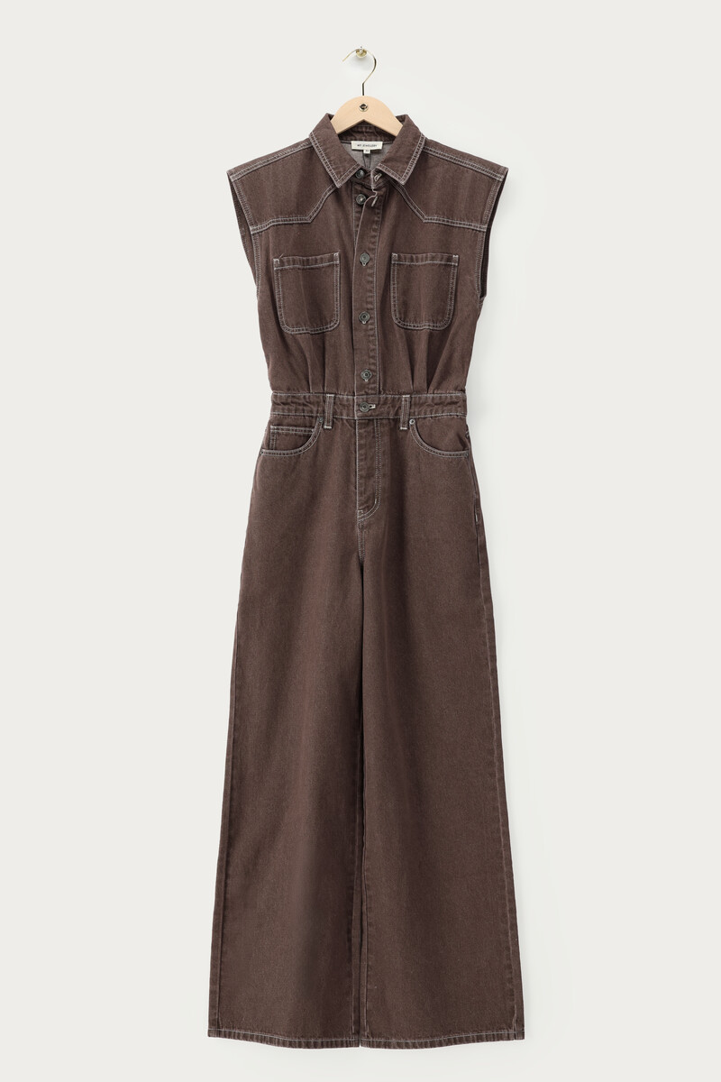 Brown sleeveless denim jumpsuit | My Jewellery