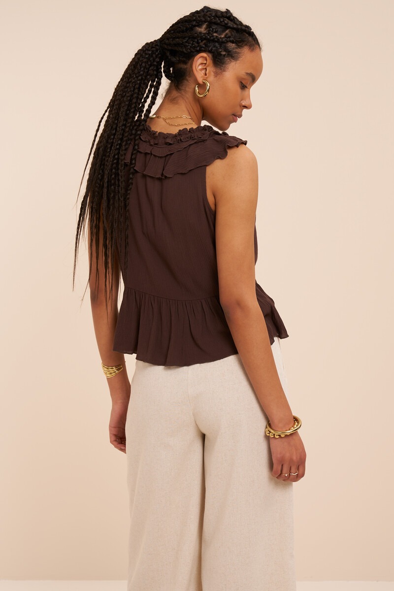 Brown sleeveless top with ruffles | My Jewellery