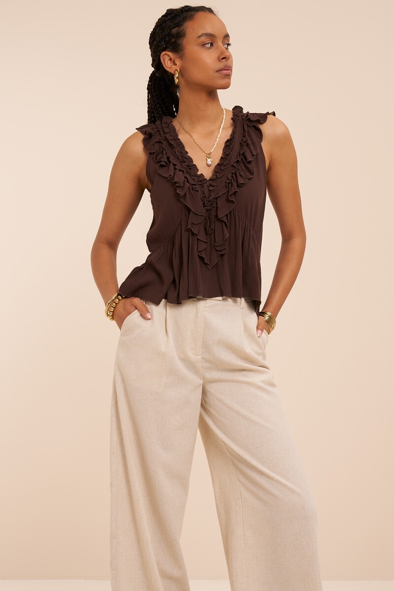 Brown sleeveless top with ruffles | My Jewellery