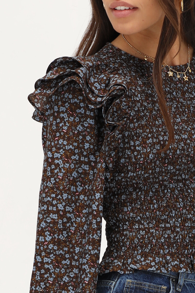 Brown smock top with blue floral print | My Jewellery