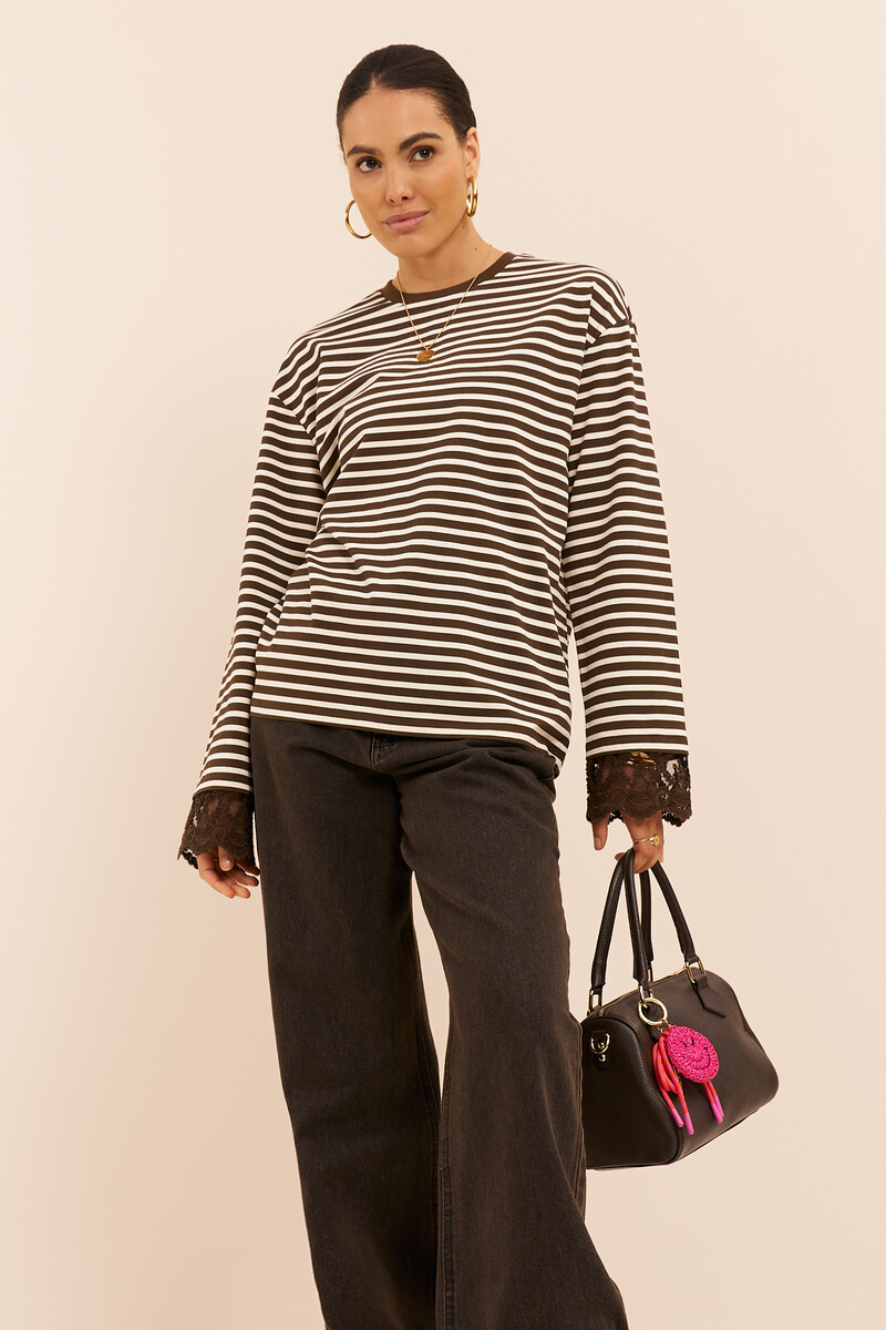Brown striped T-shirt with long lace sleeves | My Jewellery