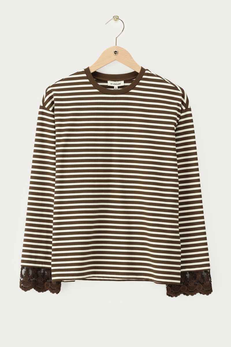 Brown striped T-shirt with long lace sleeves | My Jewellery