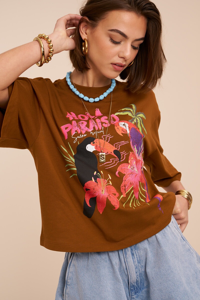 Brown T-shirt ''Hola paraiso'' | My Jewellery