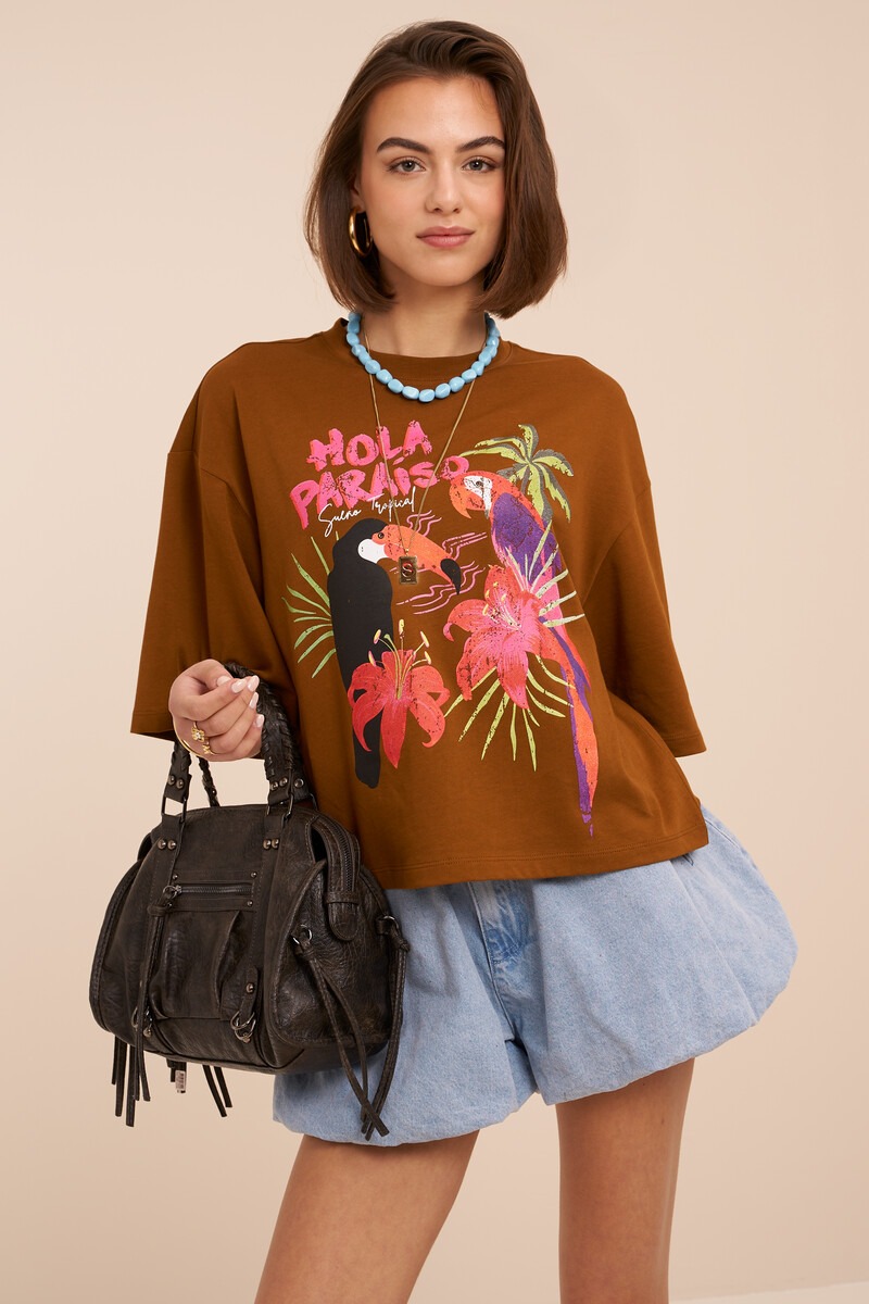 Brown T-shirt ''Hola paraiso'' | My Jewellery