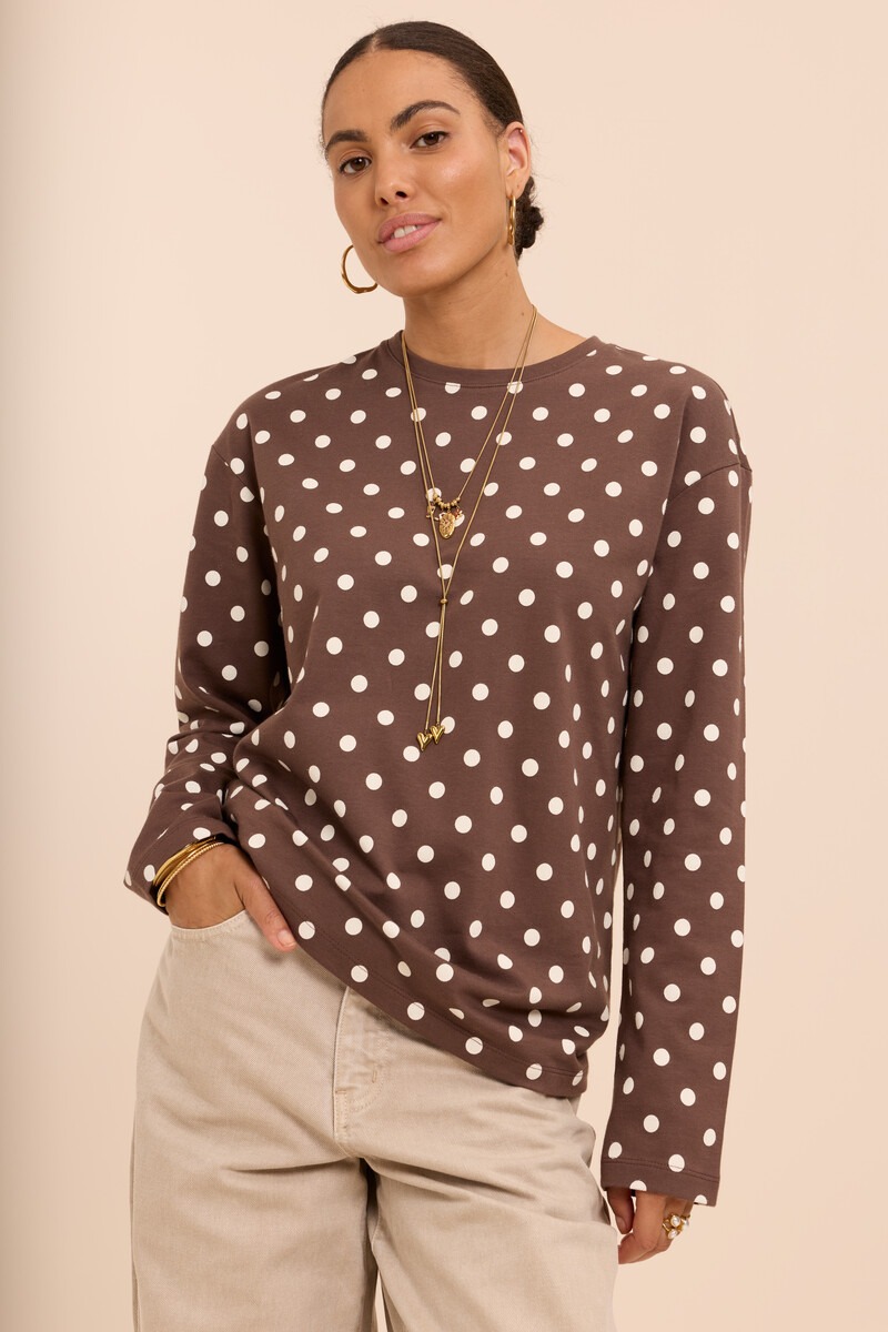 Brown T-shirt with long sleeves and polka dots | My Jewellery