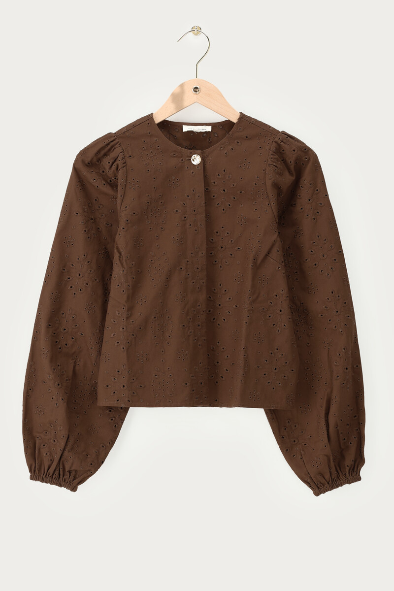 Brown top with long sleeves and embroidery anglaise | My Jewellery