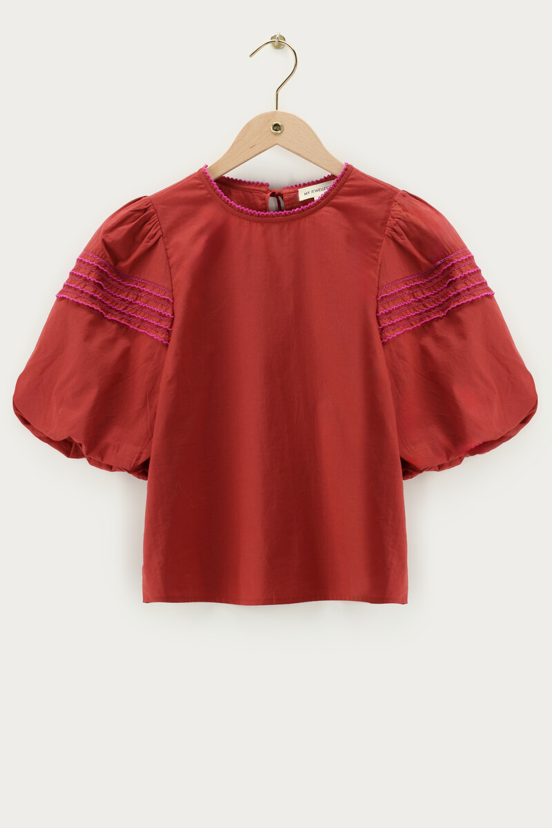 Brown top with short puff sleeves & embroidery MJ13915-0100