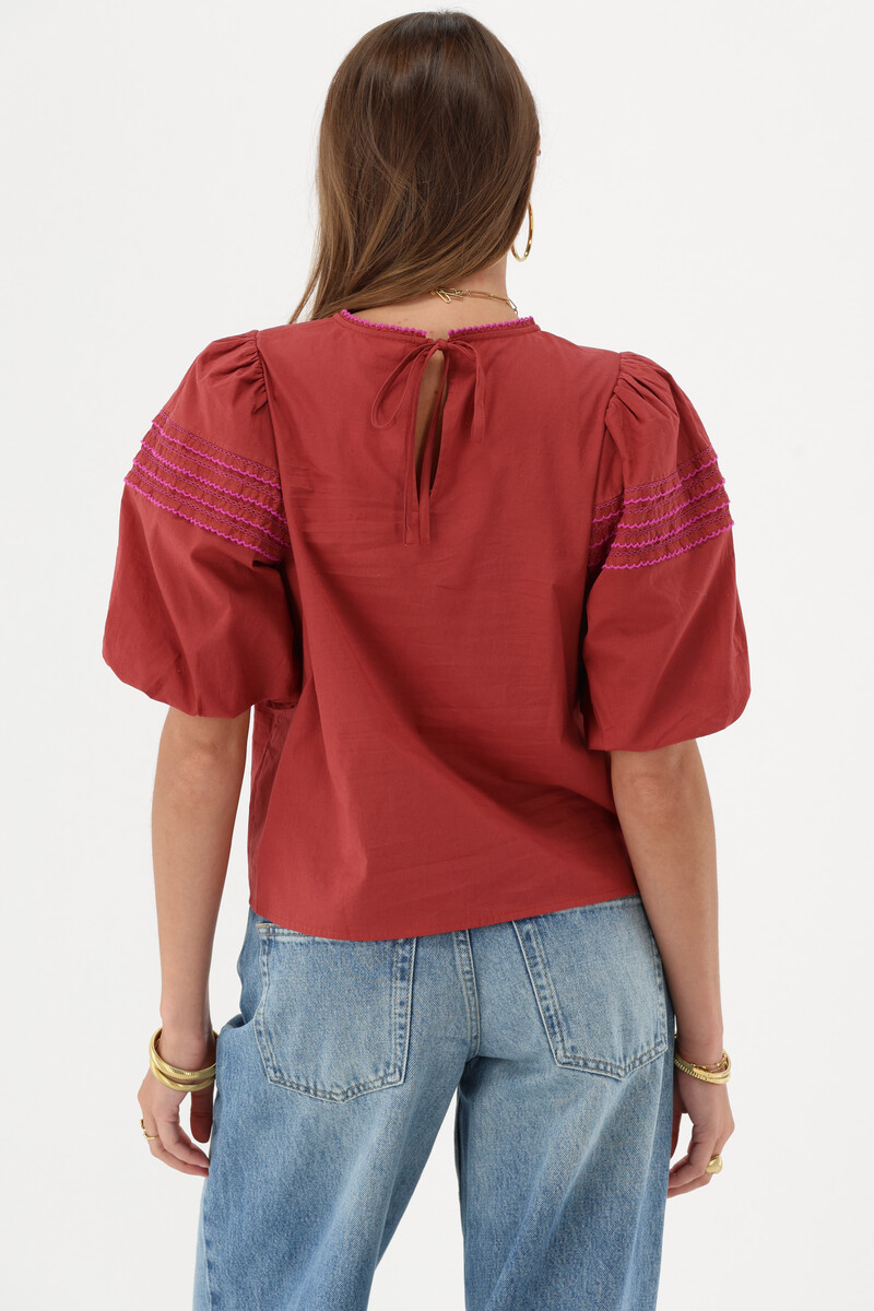 Brown top with short puff sleeves & embroidery MJ13915-0100