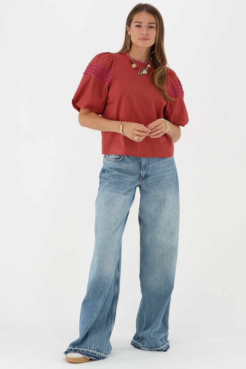 Brown top with short puff sleeves & embroidery MJ13915-0100