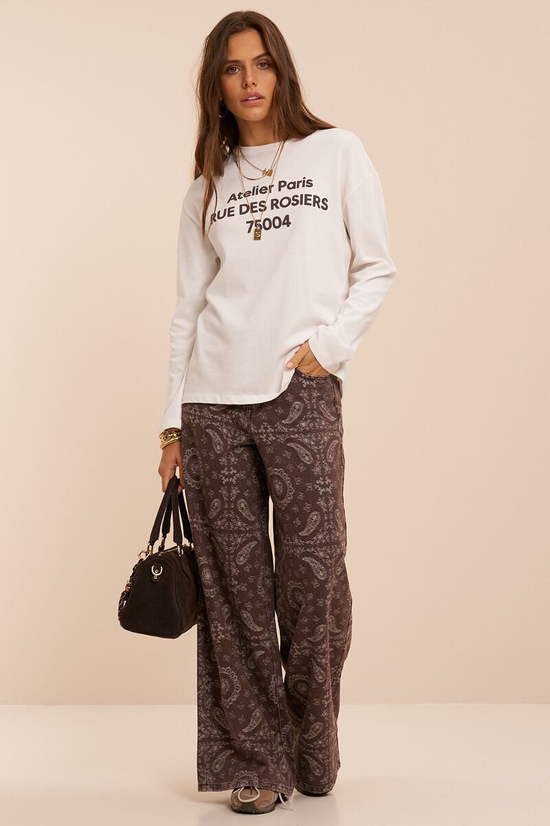 Brown wide leg jeans with paisley print | My Jewellery