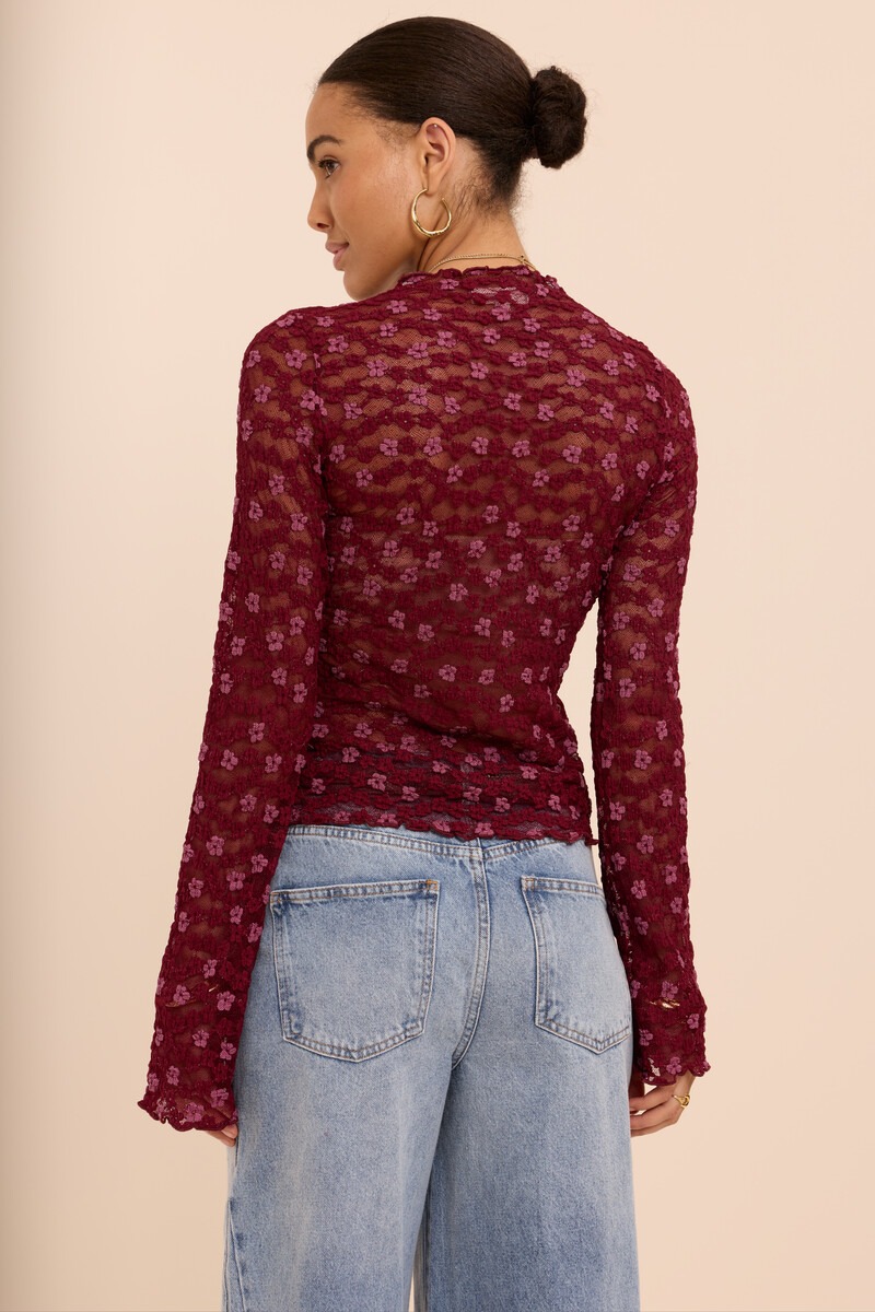 Burgundy lace top with floral print | My Jewellery