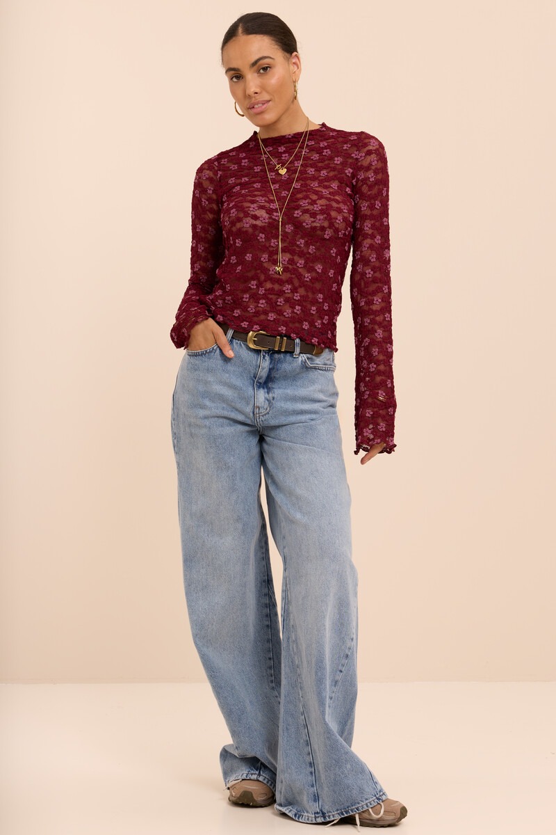Burgundy lace top with floral print | My Jewellery